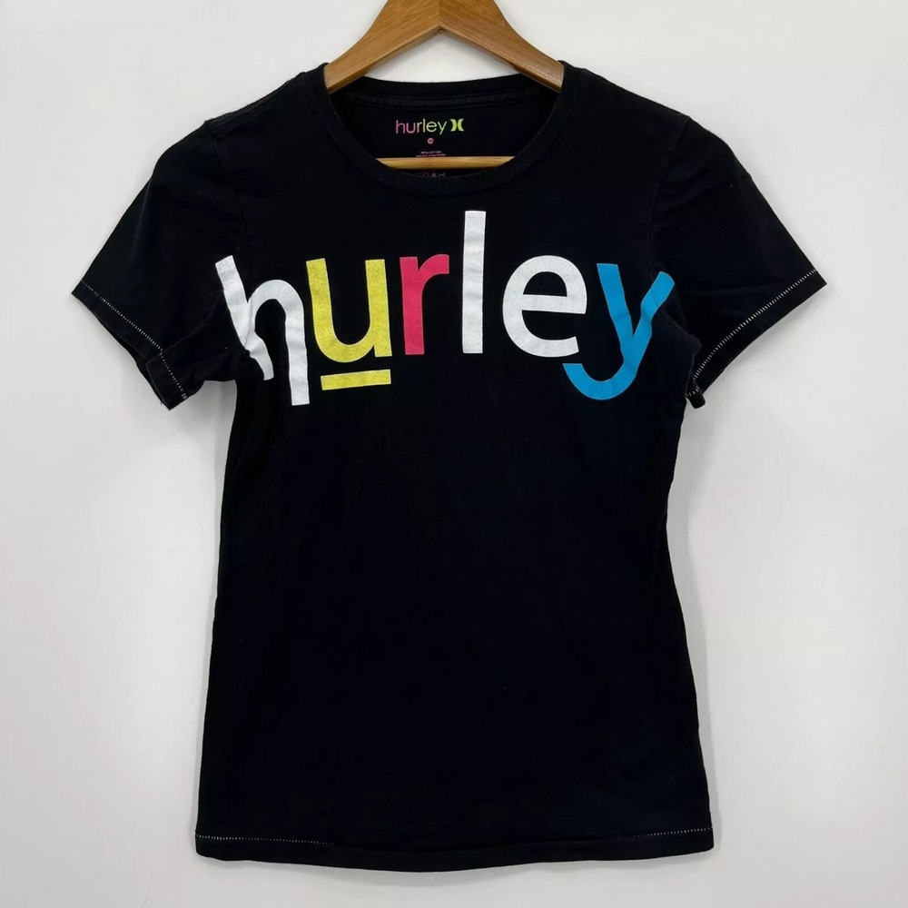 Hurley Womens Graphic Logo T-Shirt Black Short Sleeve Cotton Crew Neck S Vtg Y2K